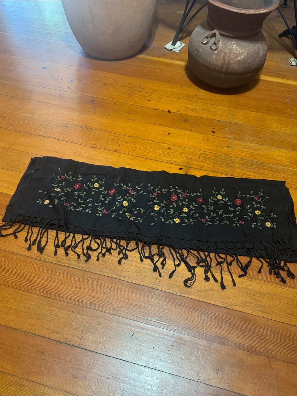 Embroidered Black Floral Fringe Scarf